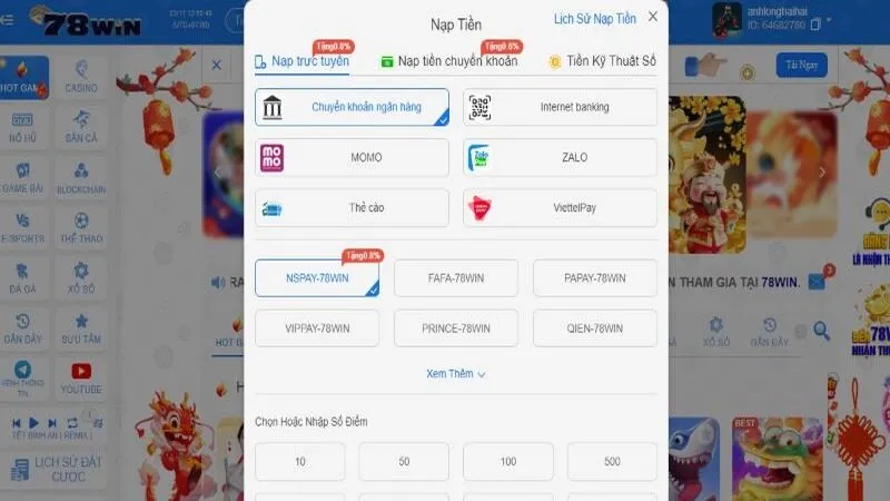 Nạp tiền 78win siêu tốc được thực hiện thông qua đa kênh Nạp tiền 78win siêu tốc được thực hiện thông qua đa kênh